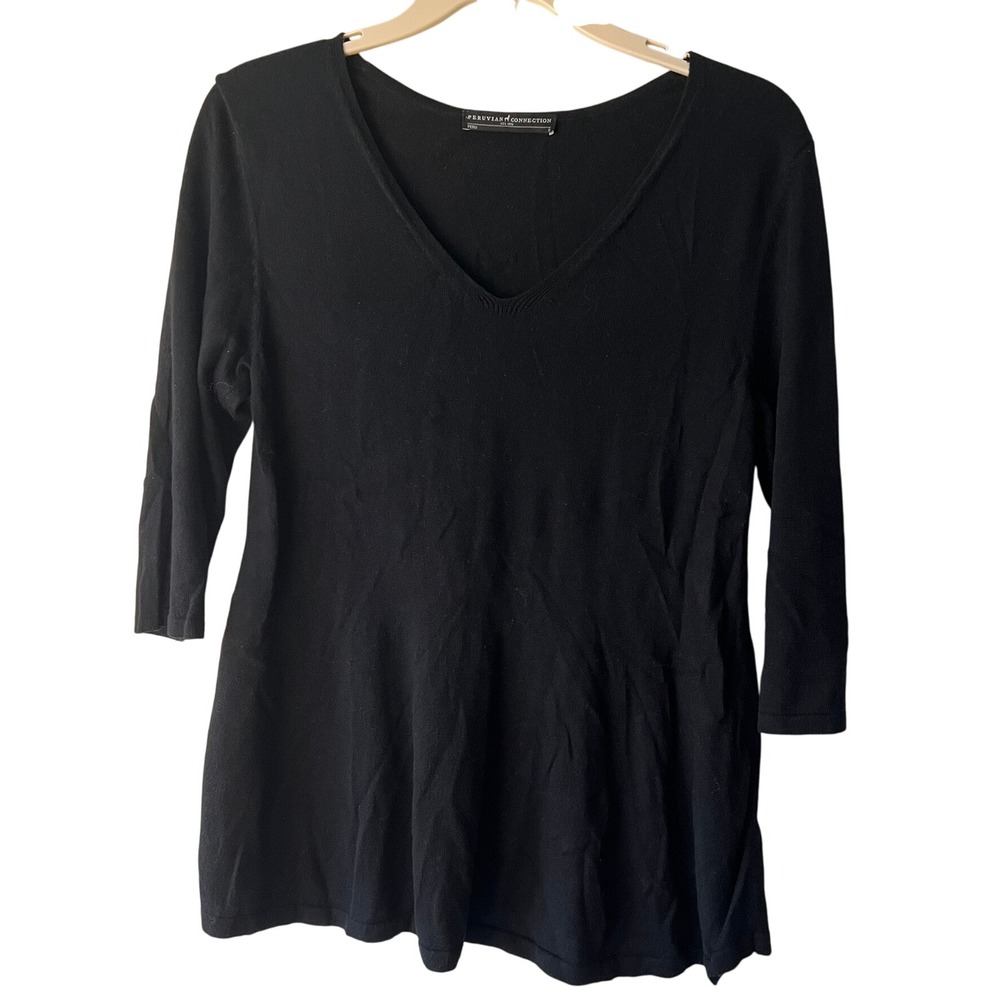 Peruvian Connection Black 3/4 Sleeve Top‎ Small V-Neck